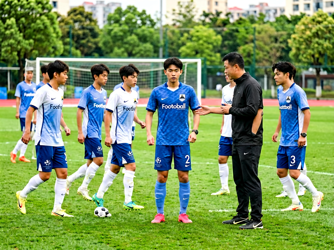 足球青训基地，年轻球员在教练指导下进行训练